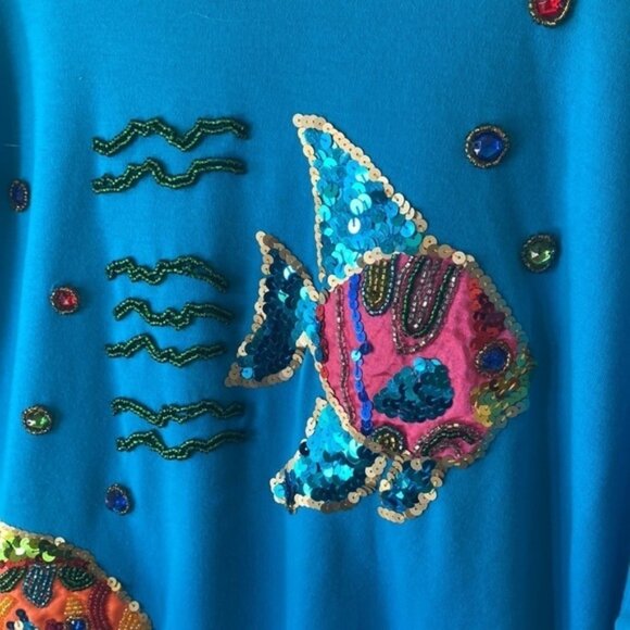 Vintage embroidered bedazzled, retro fish, T-shirt top - Picture 4 of 7